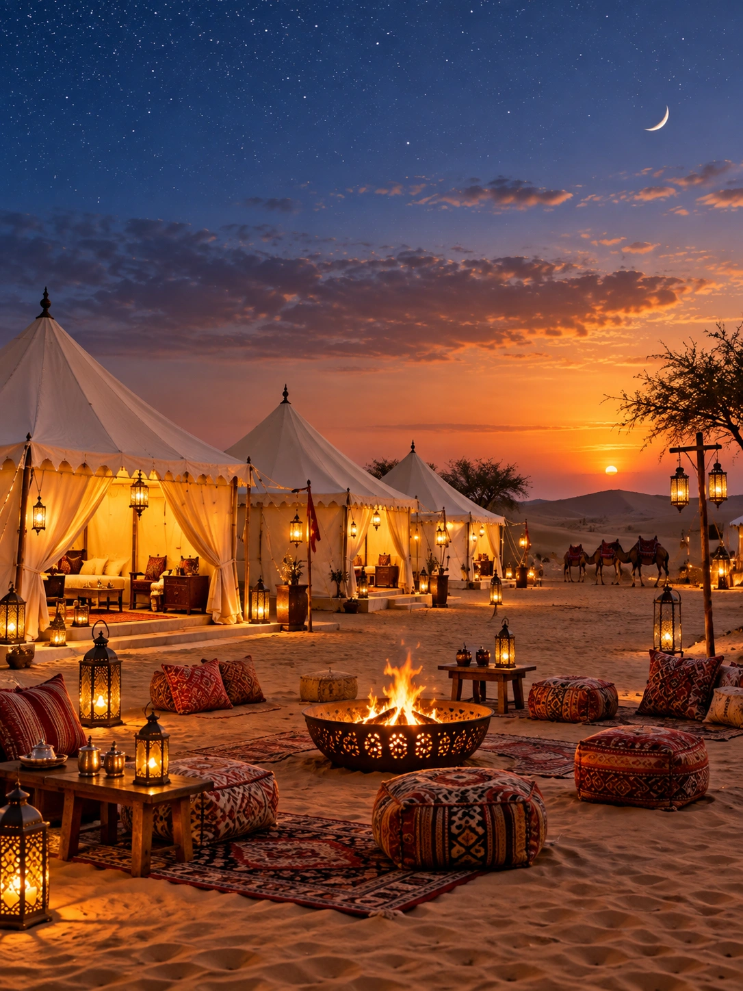 Desert camp tents under an open evening sky