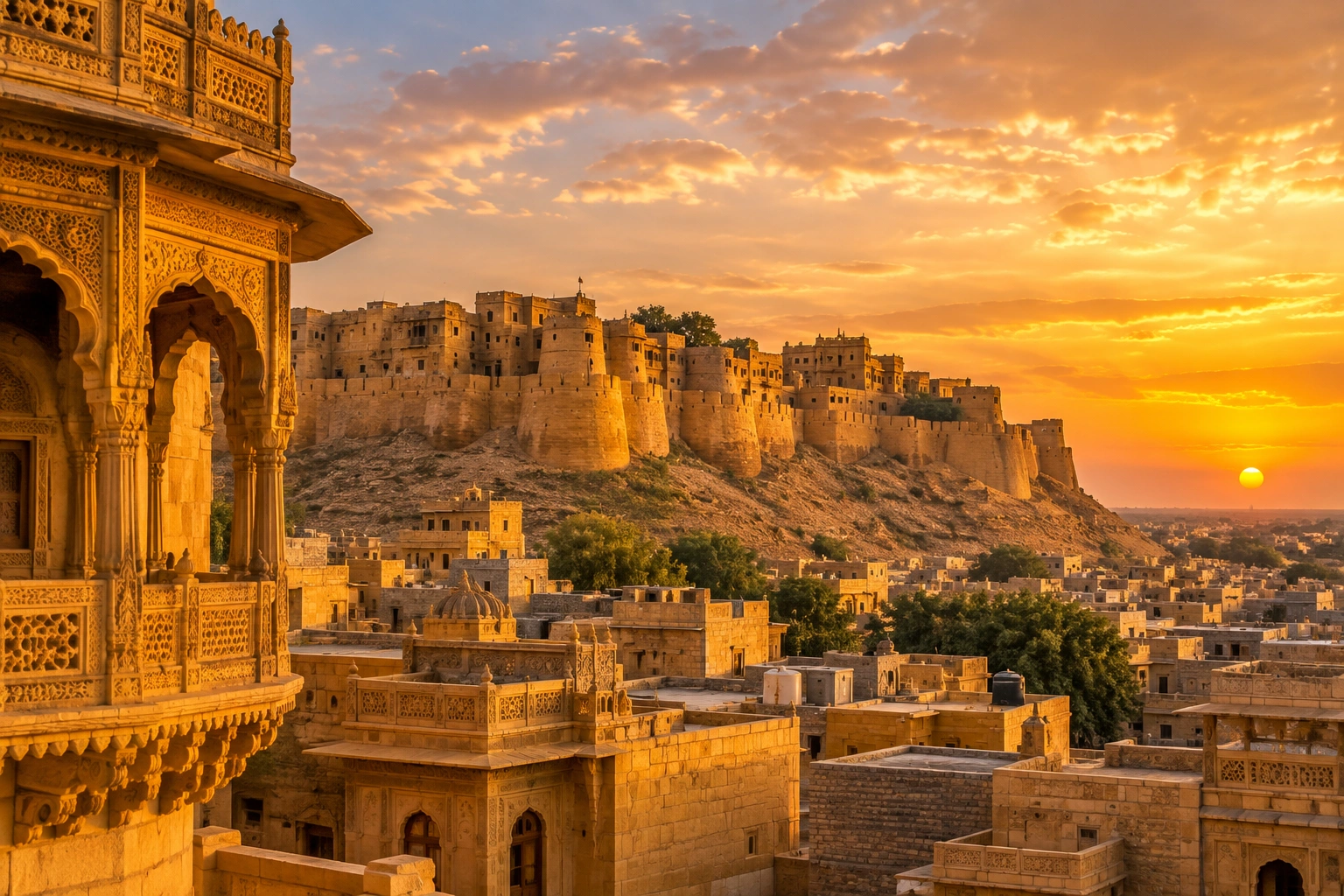 Historic Indian architecture glowing in warm evening light