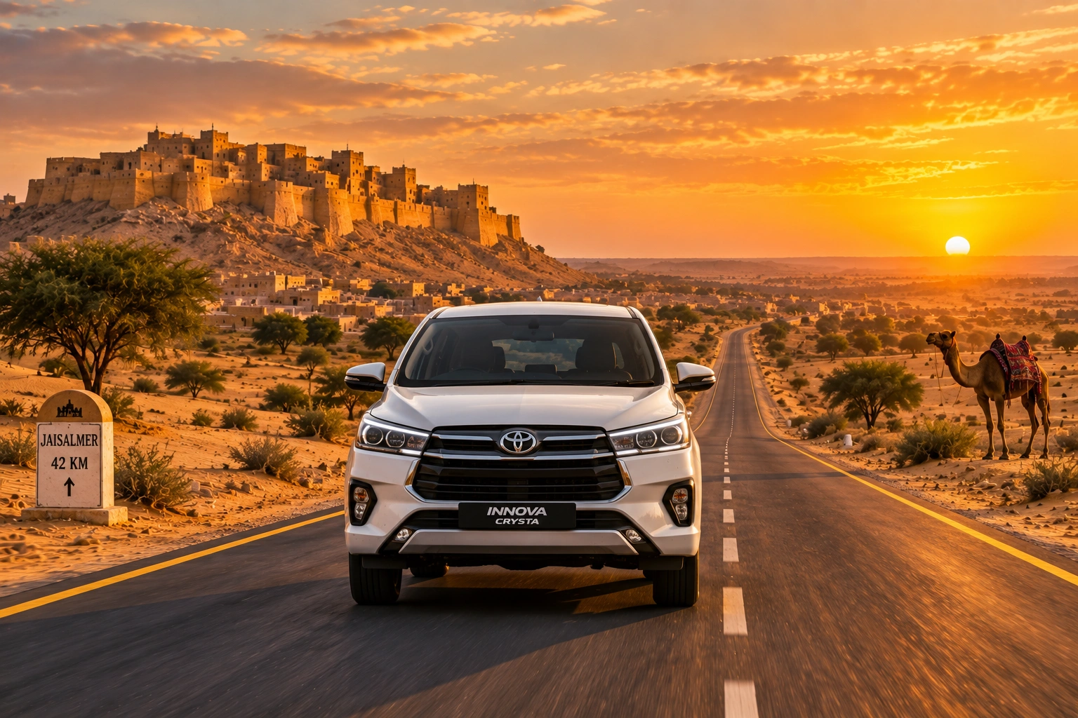 Long road through a warm desert landscape
