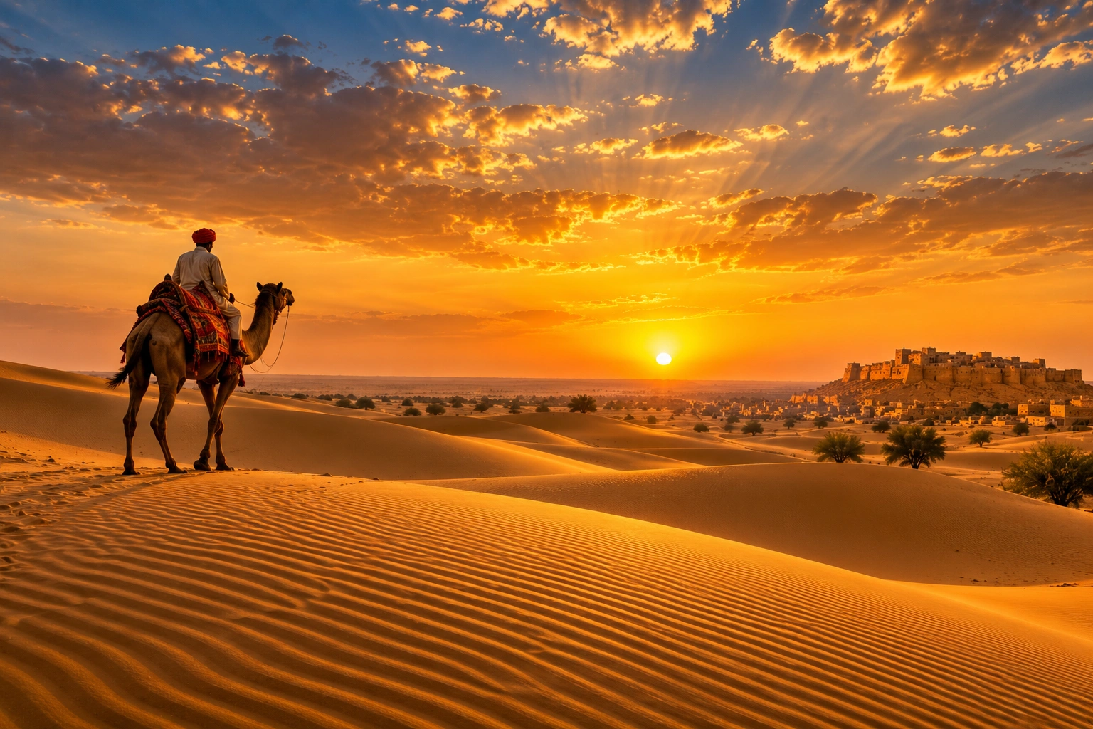 Golden desert dunes under a dramatic Rajasthan sky